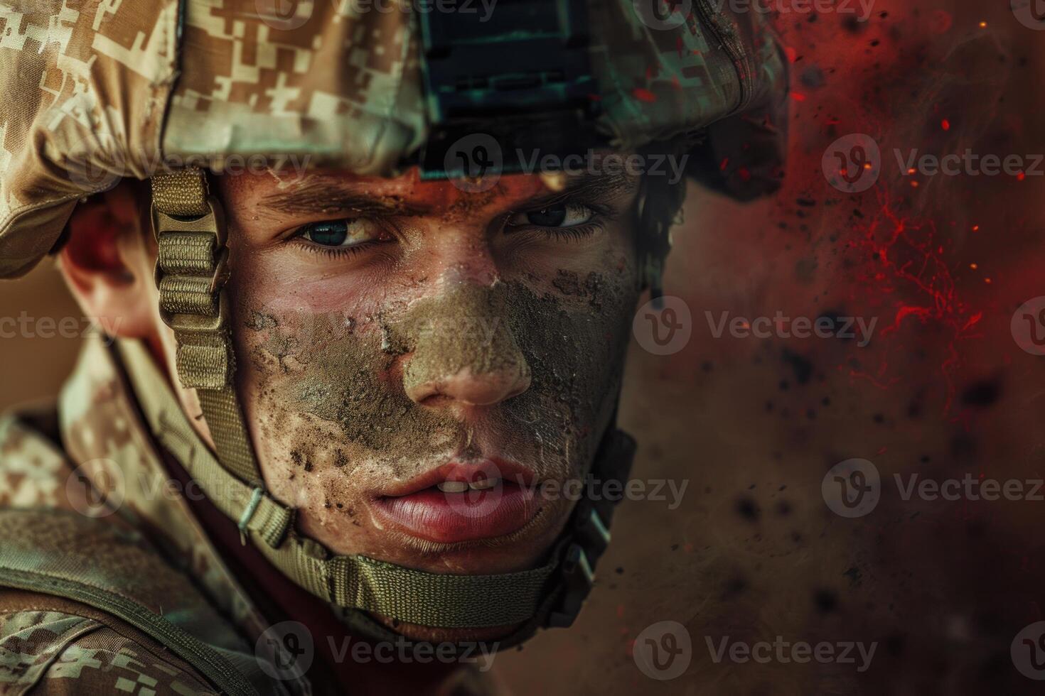Soldier wearing camouflage helmet and face paint in combat zone photo