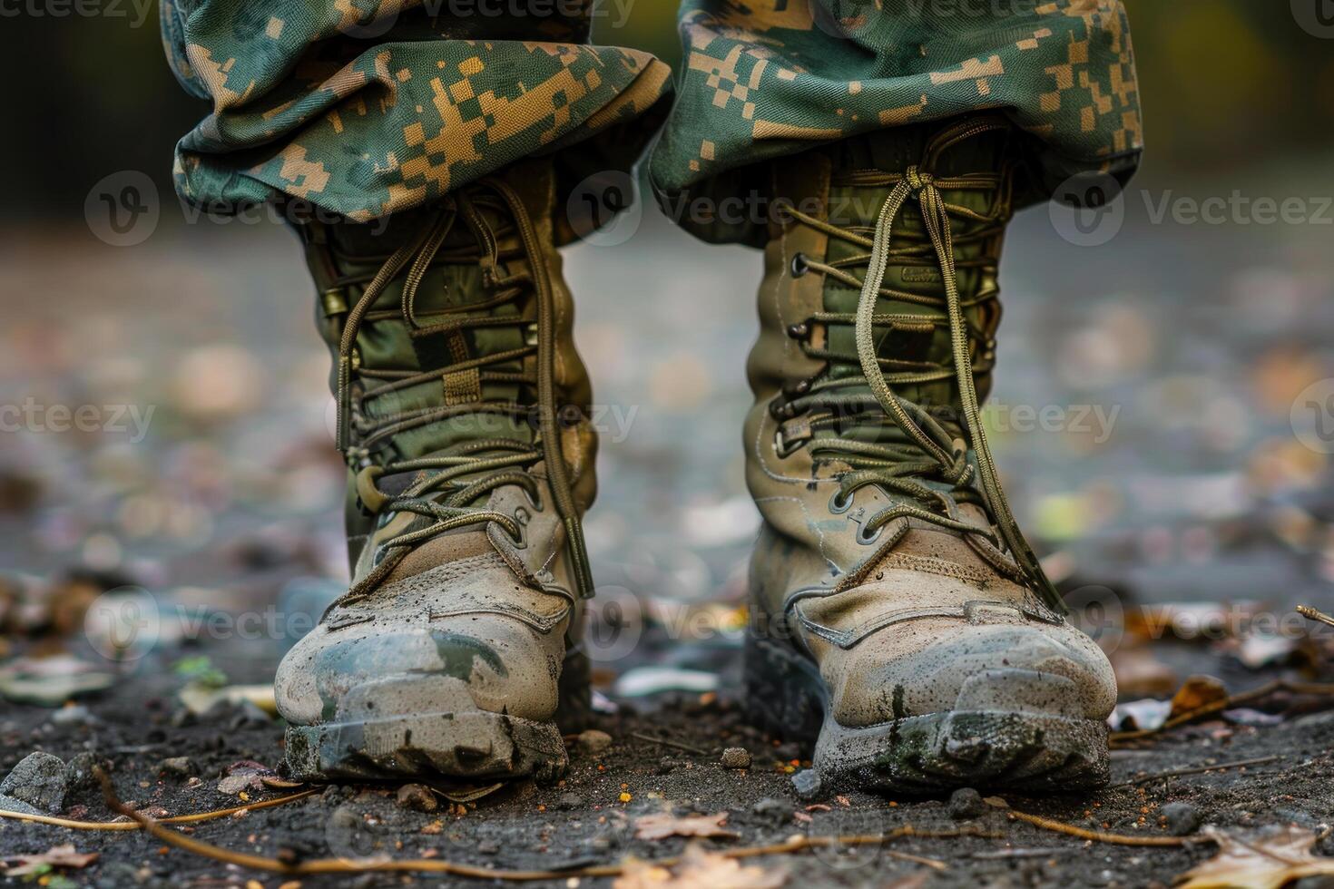 Military boots standing firm on rocky ground photo