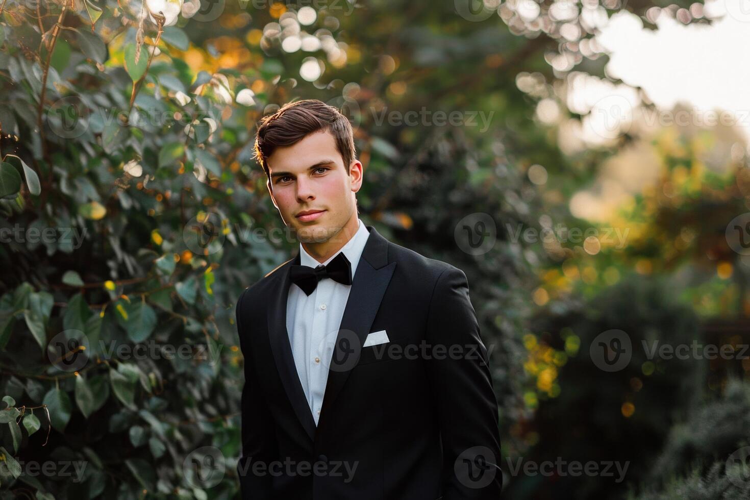 Elegant groom wearing tuxedo posing in garden setting photo