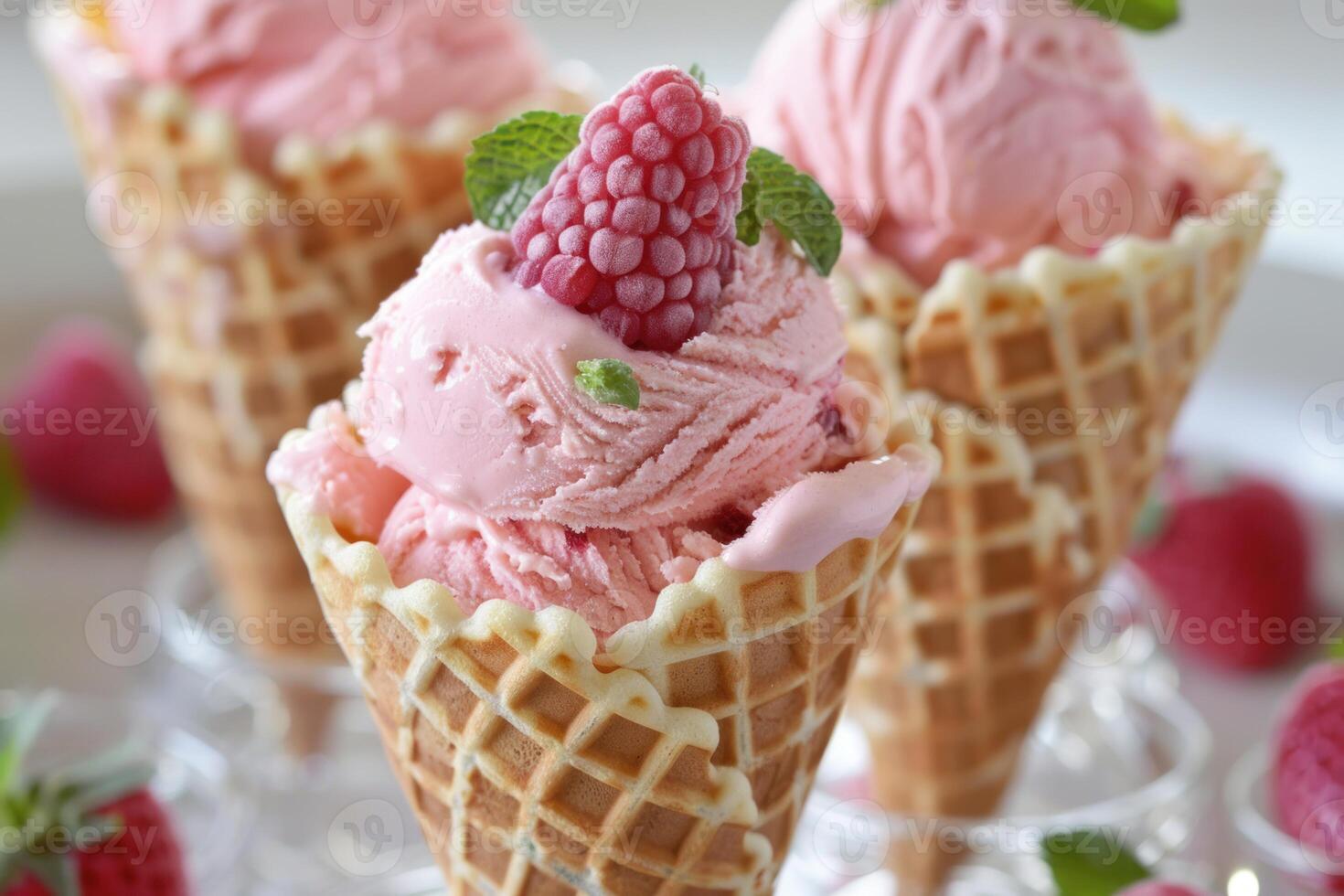 Delicious pink ice cream scoops with raspberry and mint in waffle cones photo