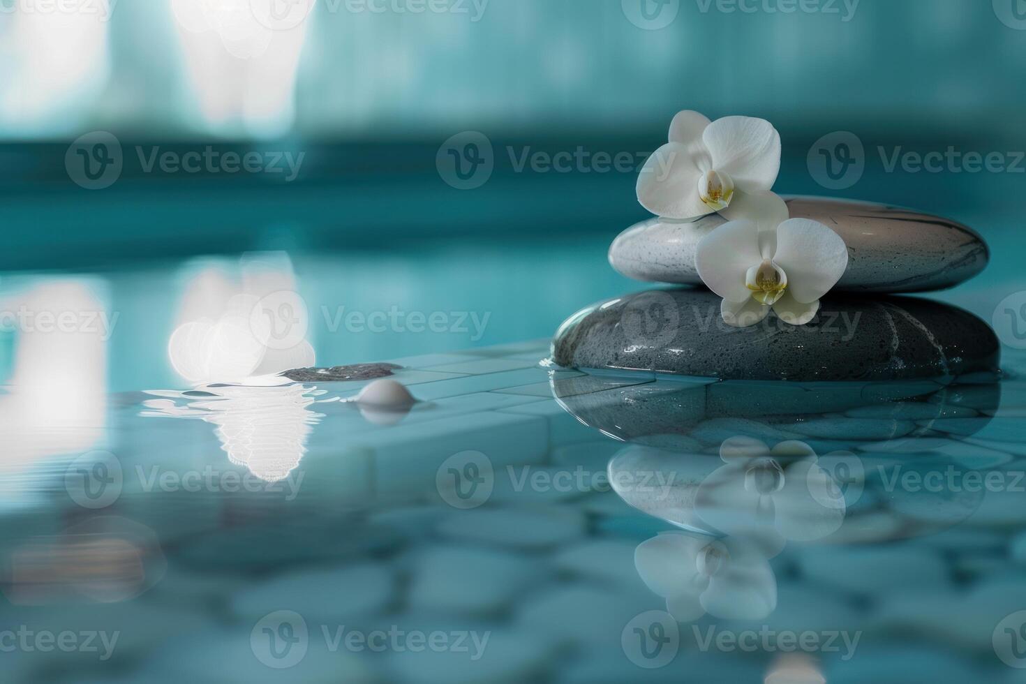 White orchid flowers resting on zen stones in a tranquil spa pool setting photo