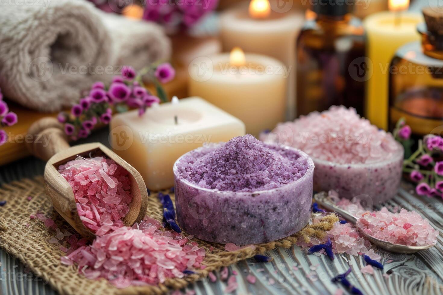 Colorful aromatic sea salt with candles creating relaxing spa ambiance photo