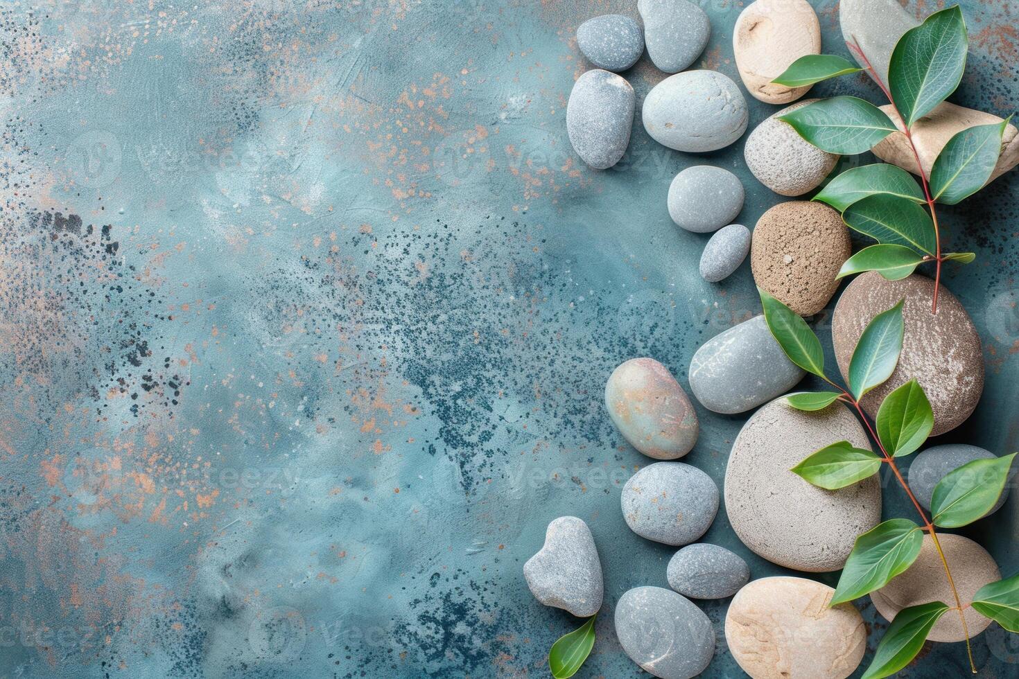 Spa stones and plant branch creating relaxing background on textured surface photo