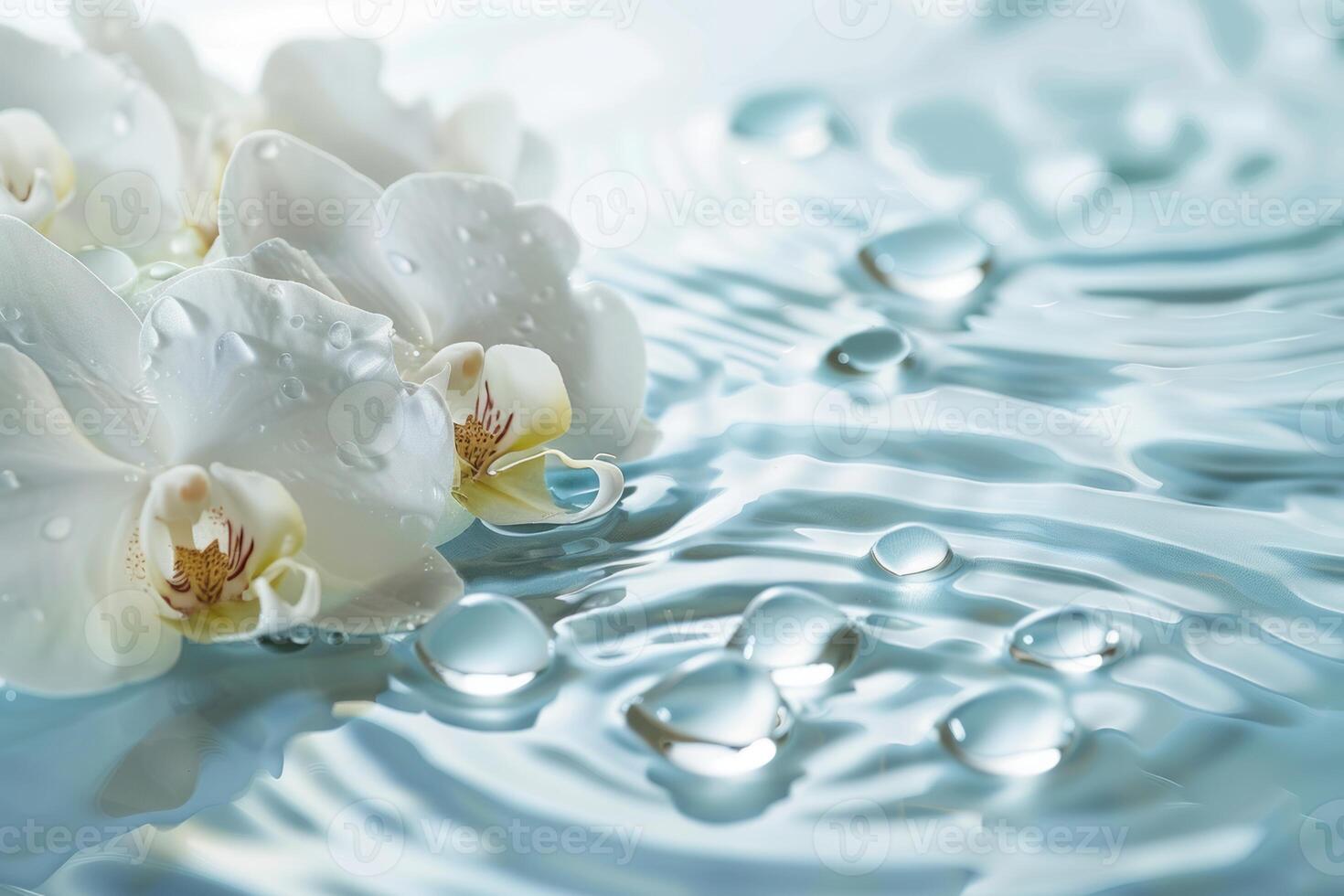 White orchid flowers floating on water with droplets creating tranquil ripples photo