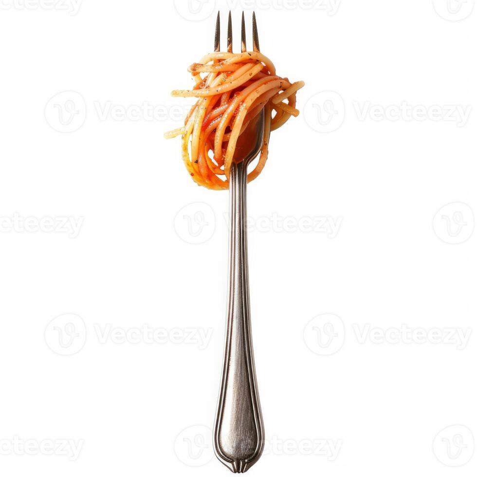 Fork holding spaghetti with tomato sauce on white background photo
