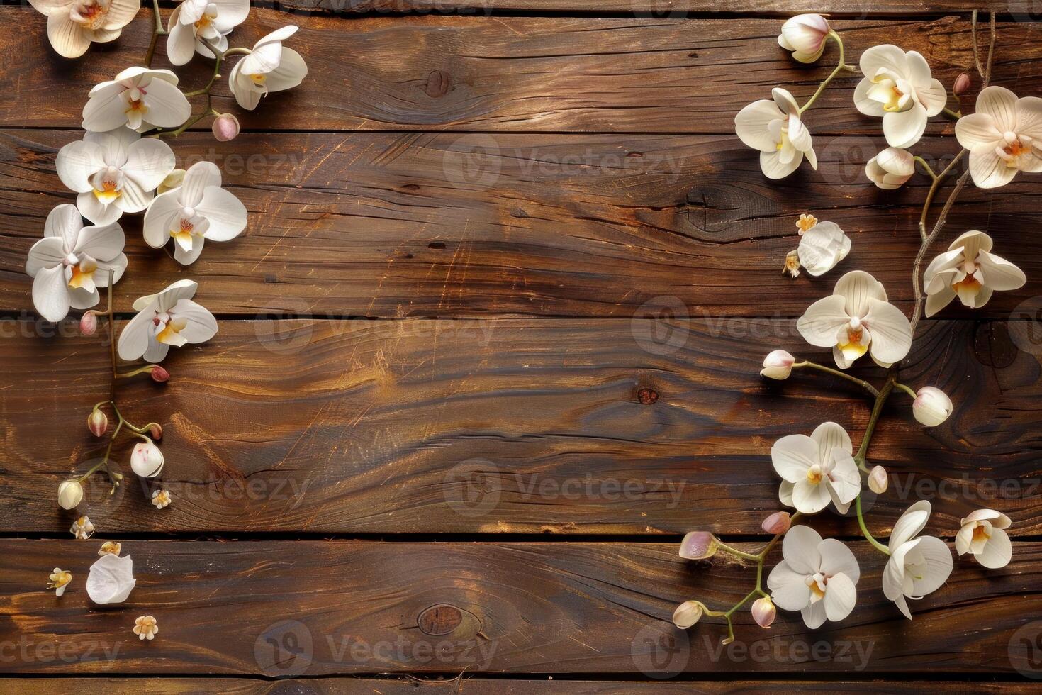White orchid flowers branches lying on rustic wooden background photo
