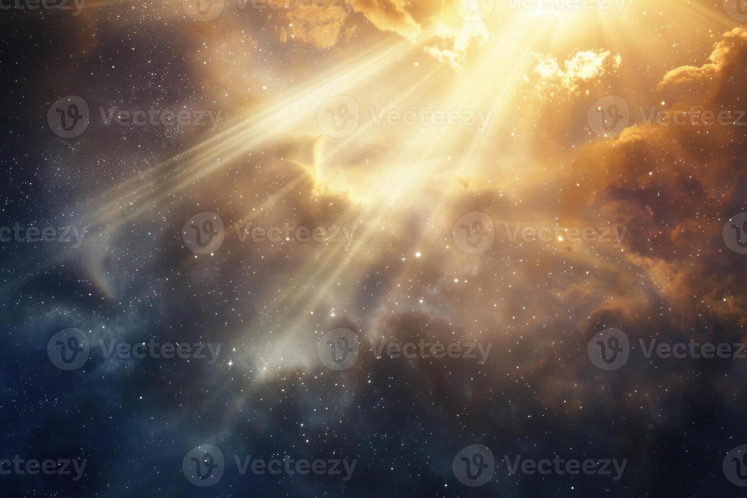 Light beams shining through golden clouds in a starry sky photo