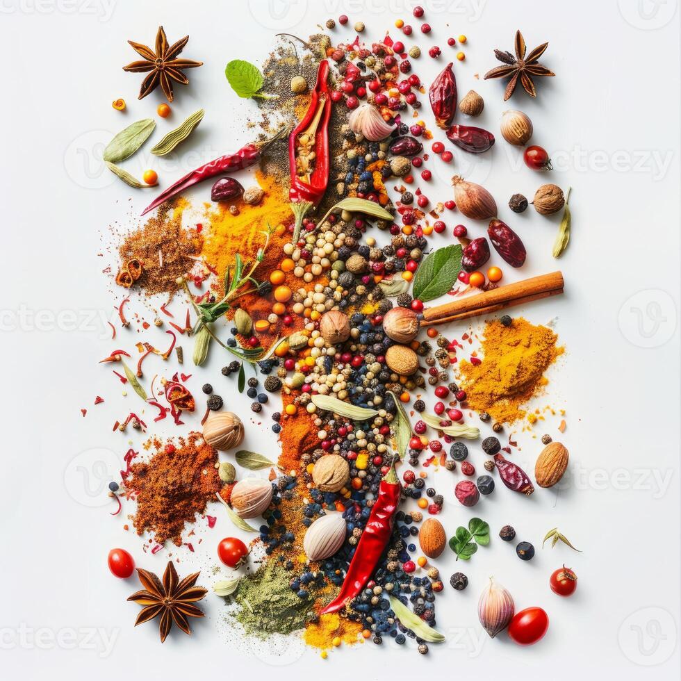 Colorful spices and herbs creating a vibrant culinary scene on white background photo