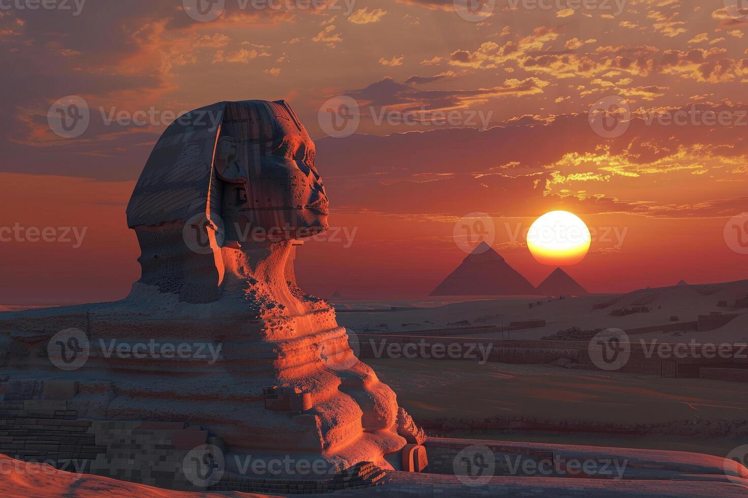 Great sphinx of giza watching giza pyramid complex at sunset photo