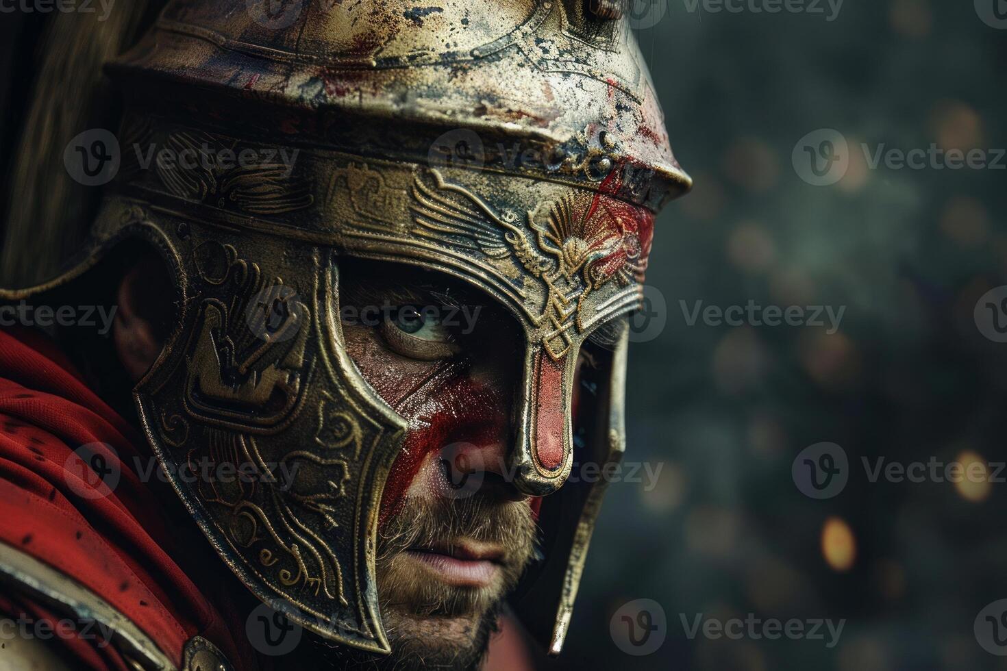 Roman soldier wearing helmet with red markings posing in battlefield photo