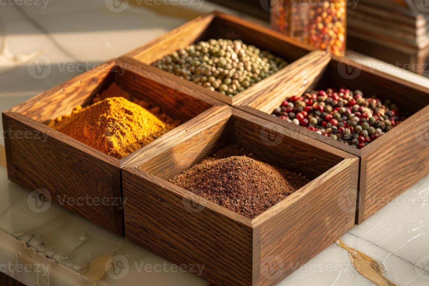 Colorful spices filling small wooden boxes on marble countertop photo