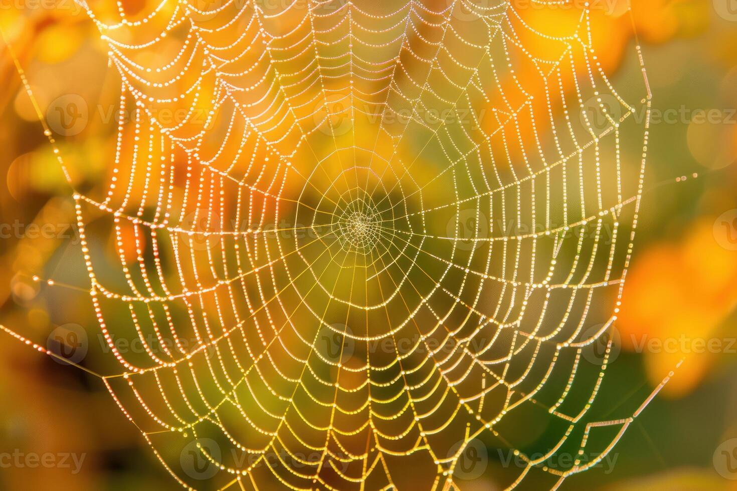 Dew drops creating pearls on spider web with warm autumn background photo