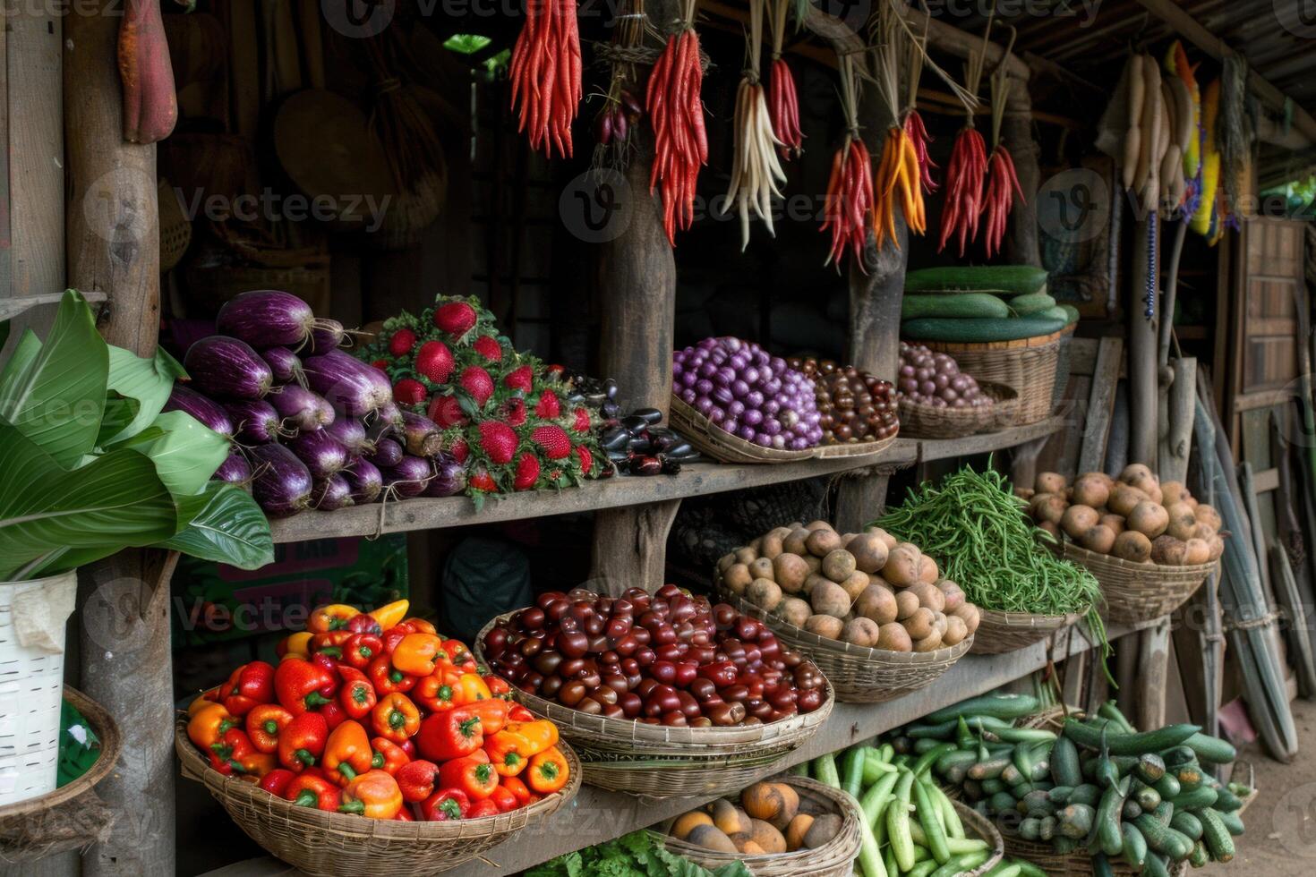 Fresh produce displaying on rustic wooden shelves at a local market photo