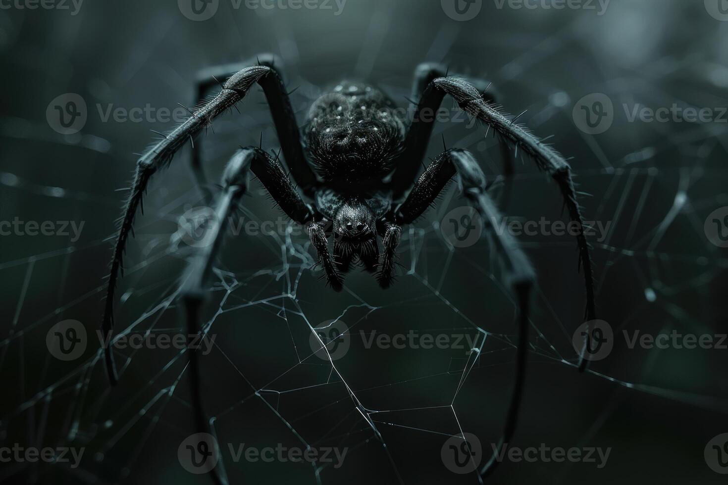 Creepy black spider waiting on its web in dark forest photo