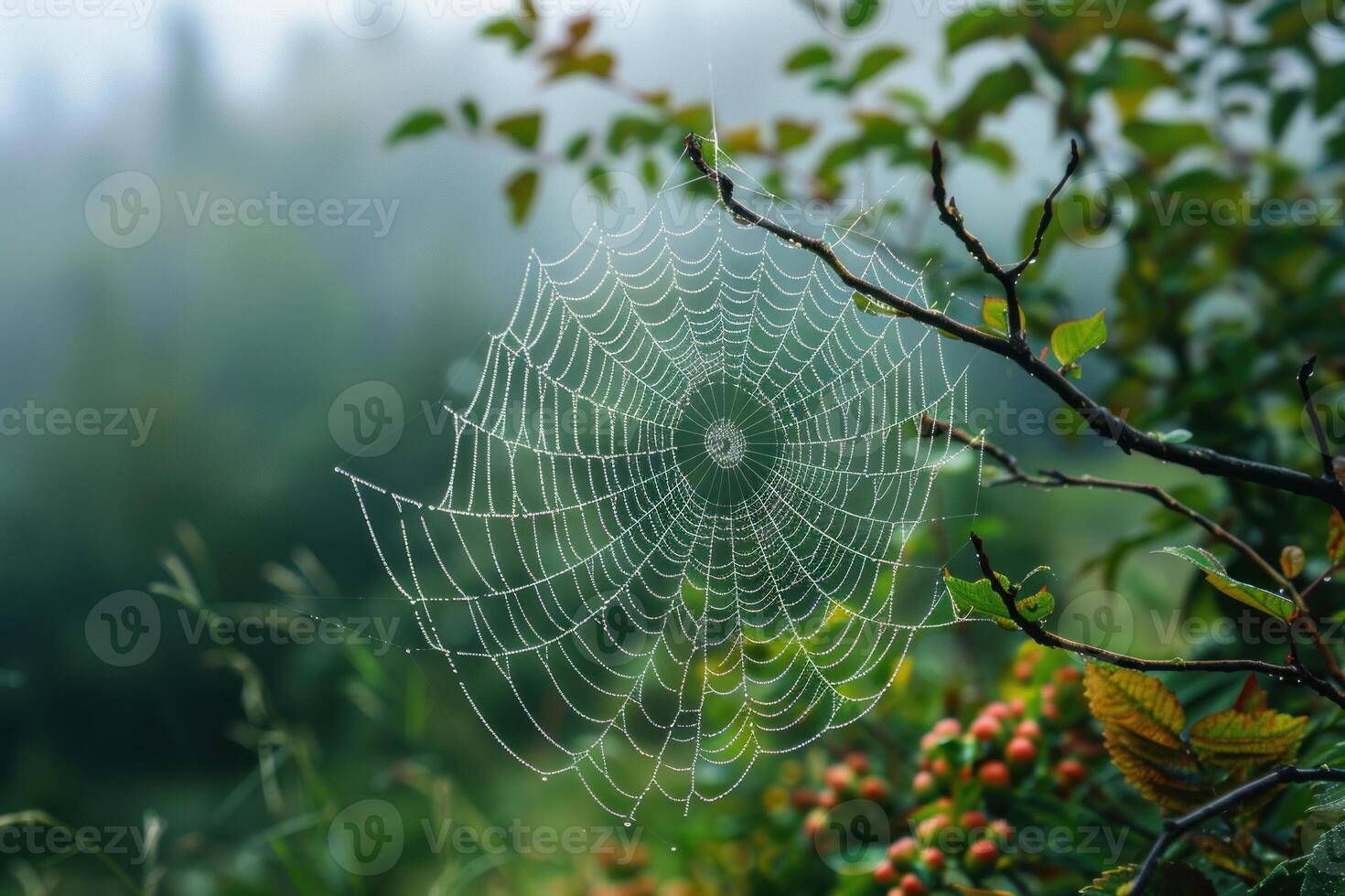 Dewy spiderweb hanging on branch in misty forest photo