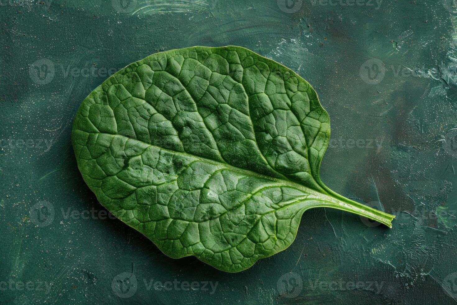 Fresh green spinach leaf resting on dark background photo
