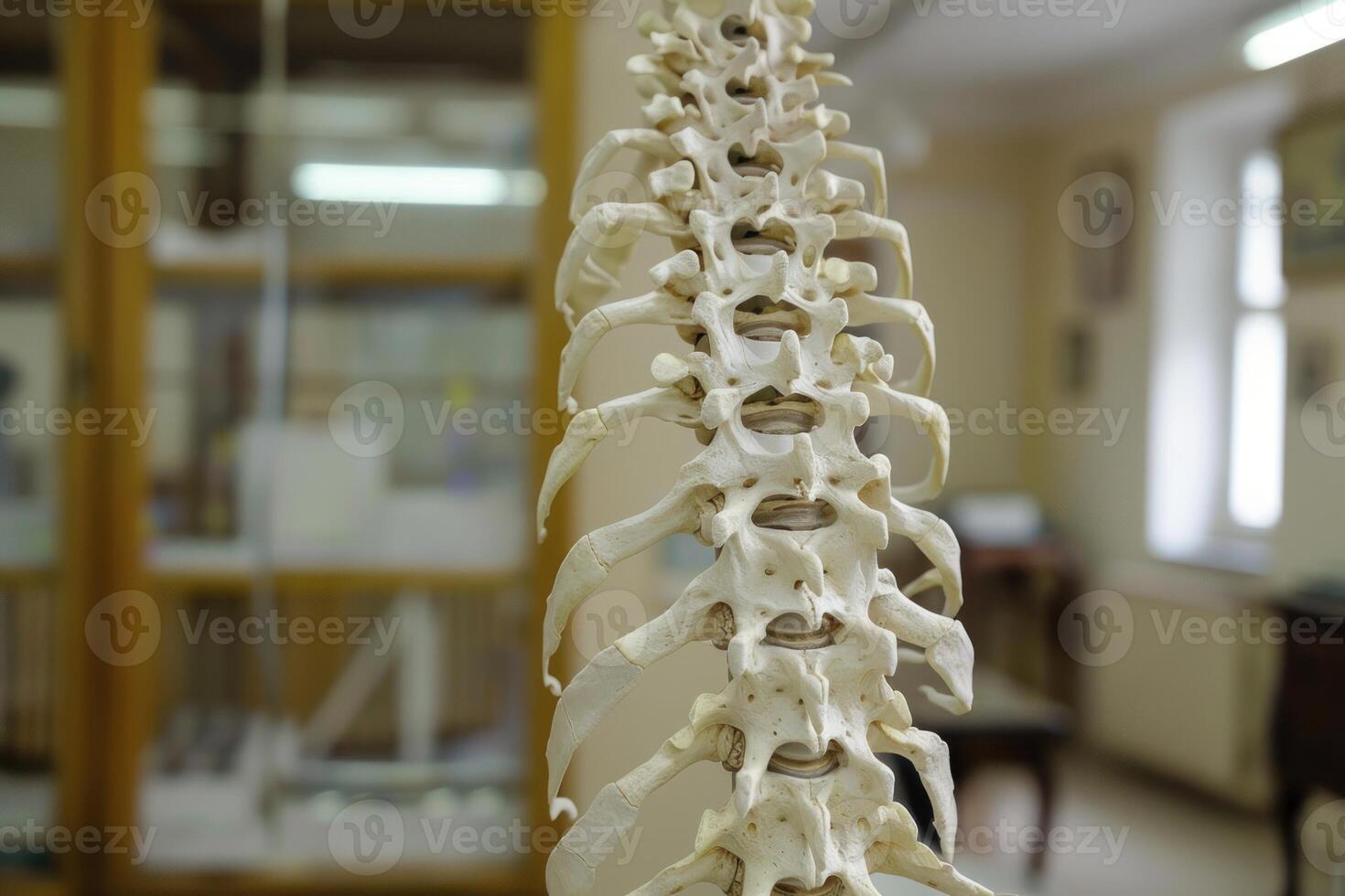Artificial human spine showing vertebrae and intervertebral discs in anatomy lab photo