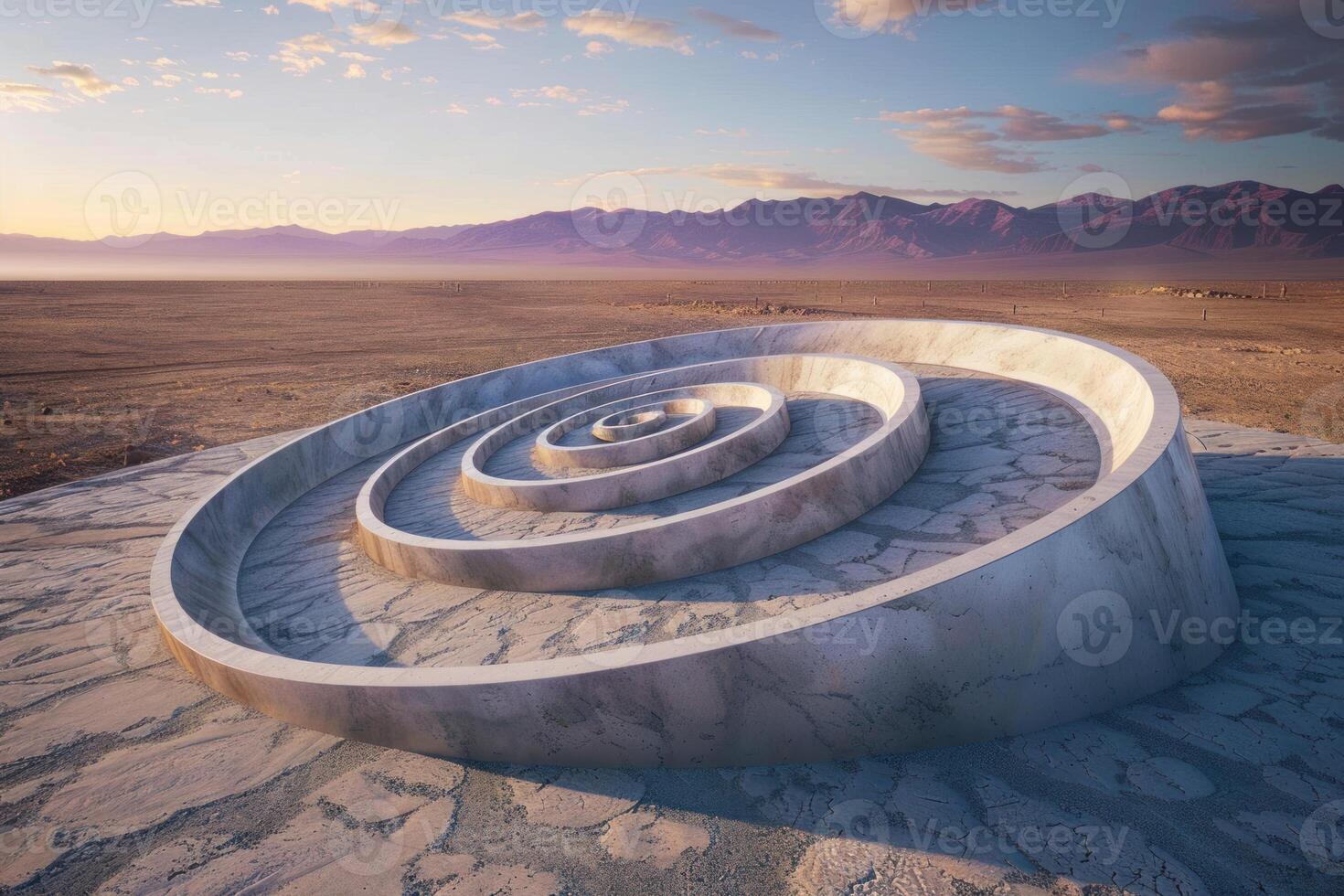 Spiral jetty land art emerging from dry cracked earth at sunset photo