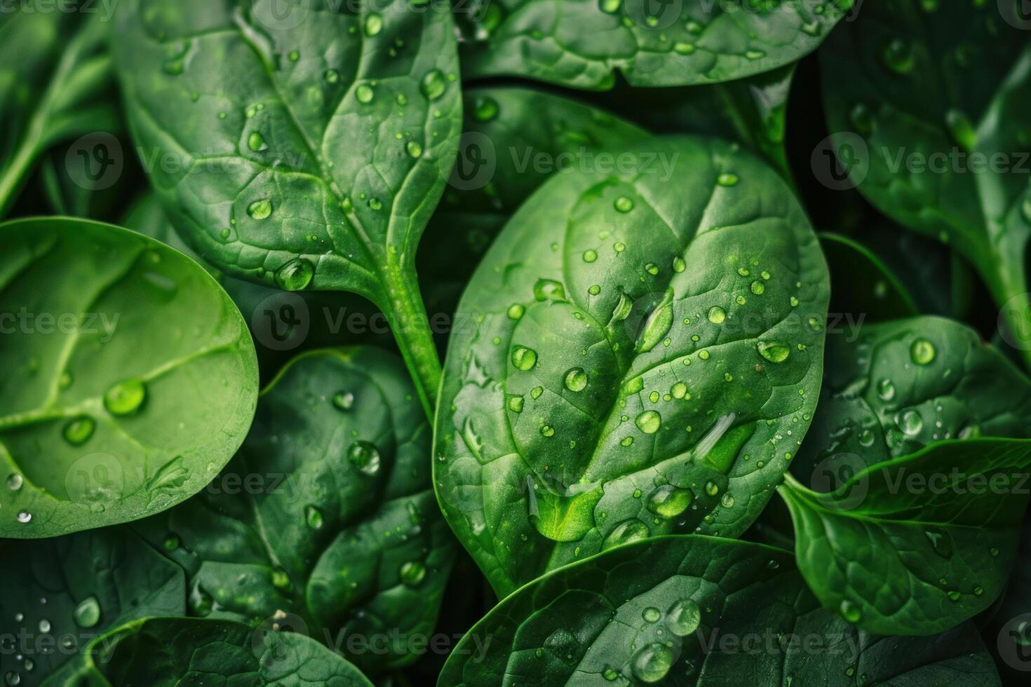 Fresh green spinach leaves covered with water drops creating vibrant background photo