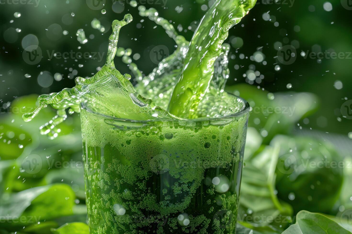 Green smoothie pouring into glass with spinach leaves, healthy and refreshing drink photo