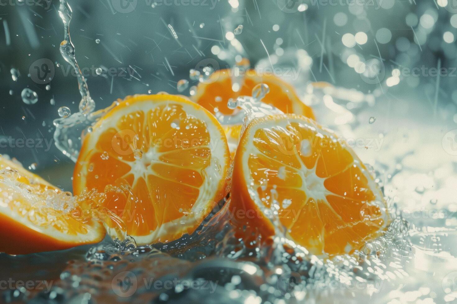 Orange slices splashing in water, creating refreshing citrus delight photo