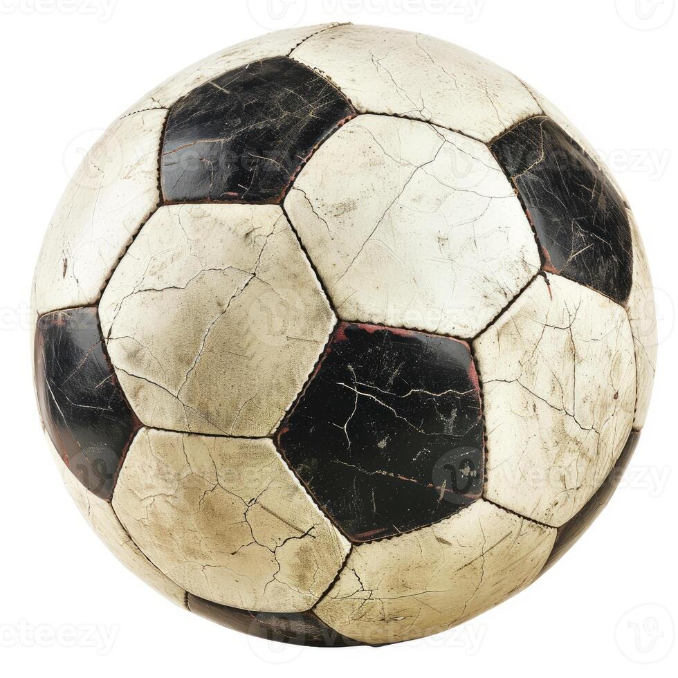 Old and worn soccer ball showing signs of wear and tear photo