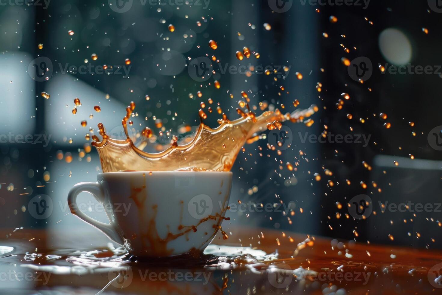 Coffee splashing from white cup on table photo