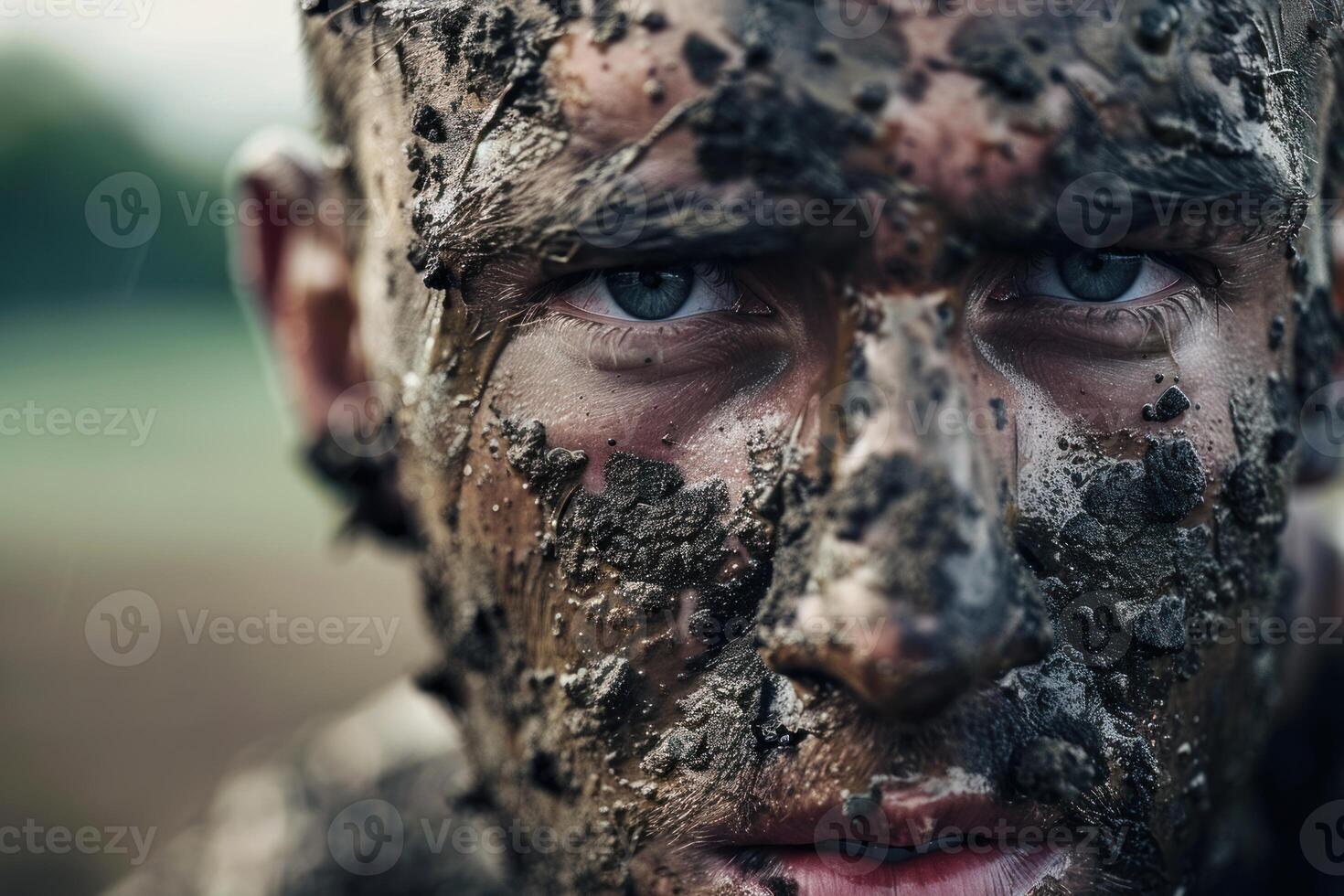 Soldier covered in mud stares intensely showing resilience and determination photo