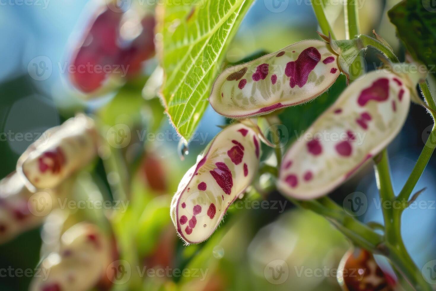 Vibrant pink and white spotted beans growing on vine in sunlight photo