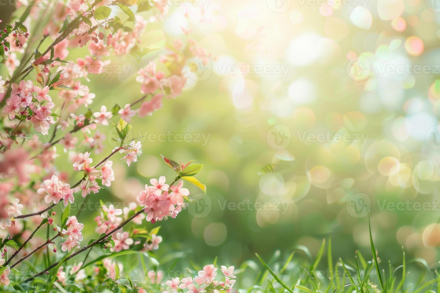 Blooming cherry tree branches in spring sunlight with green grass photo