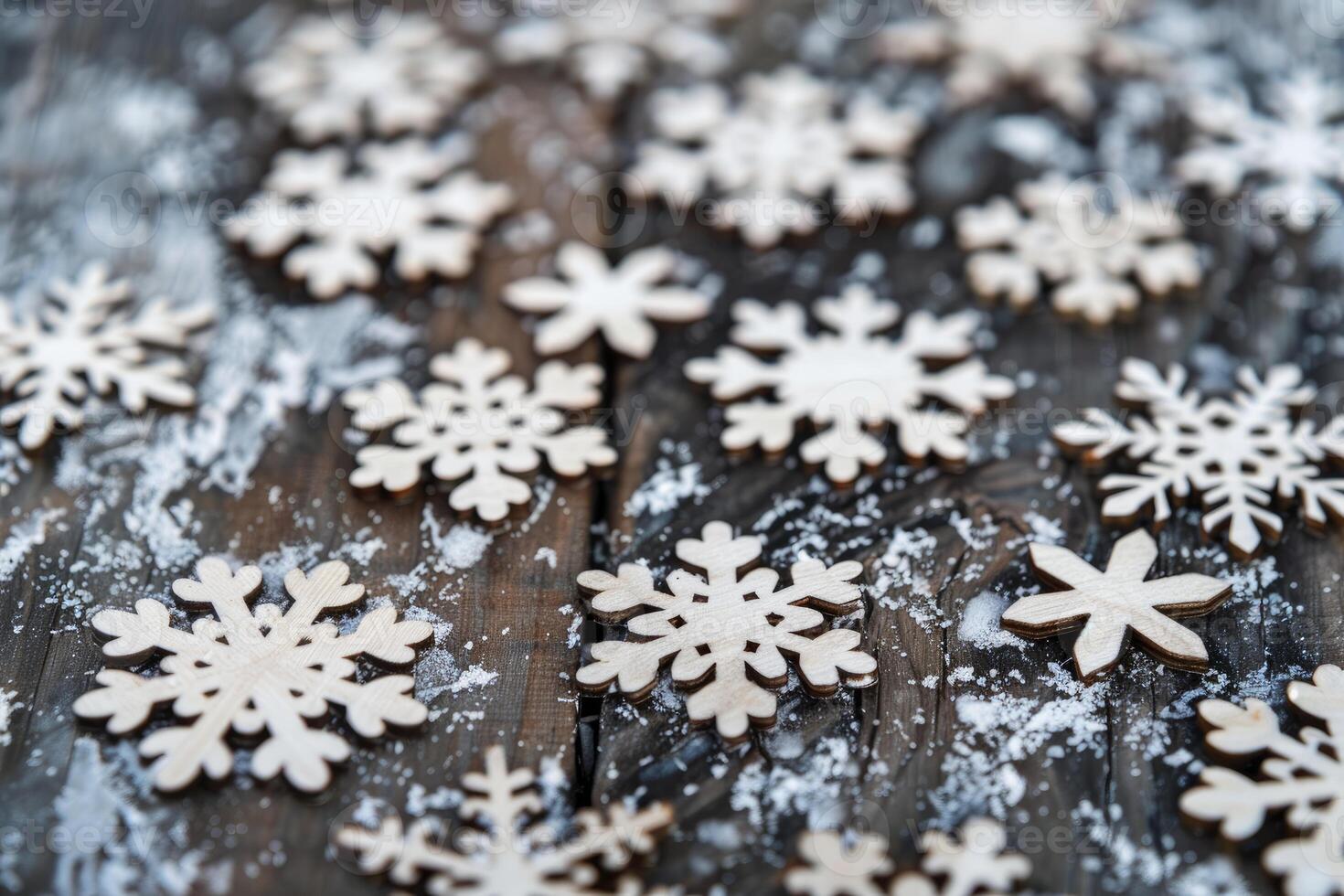 Wooden snowflakes creating festive atmosphere on rustic table photo
