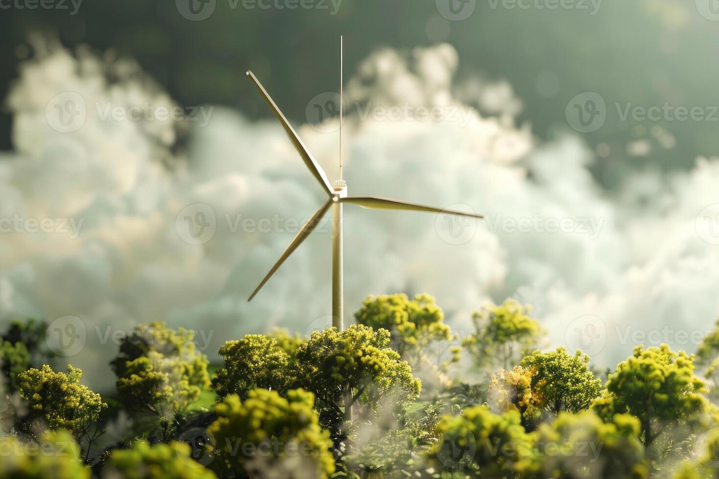 Wind turbine generating clean energy in a miniature forest photo