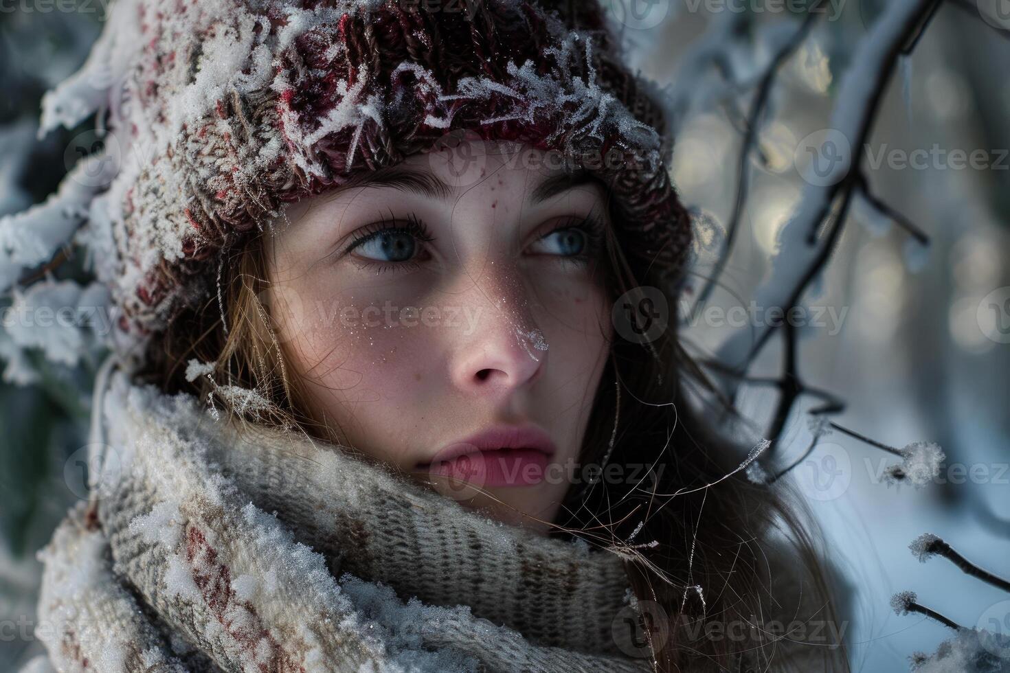 Woman wearing knitted winter hat and scarf in snowy woods photo