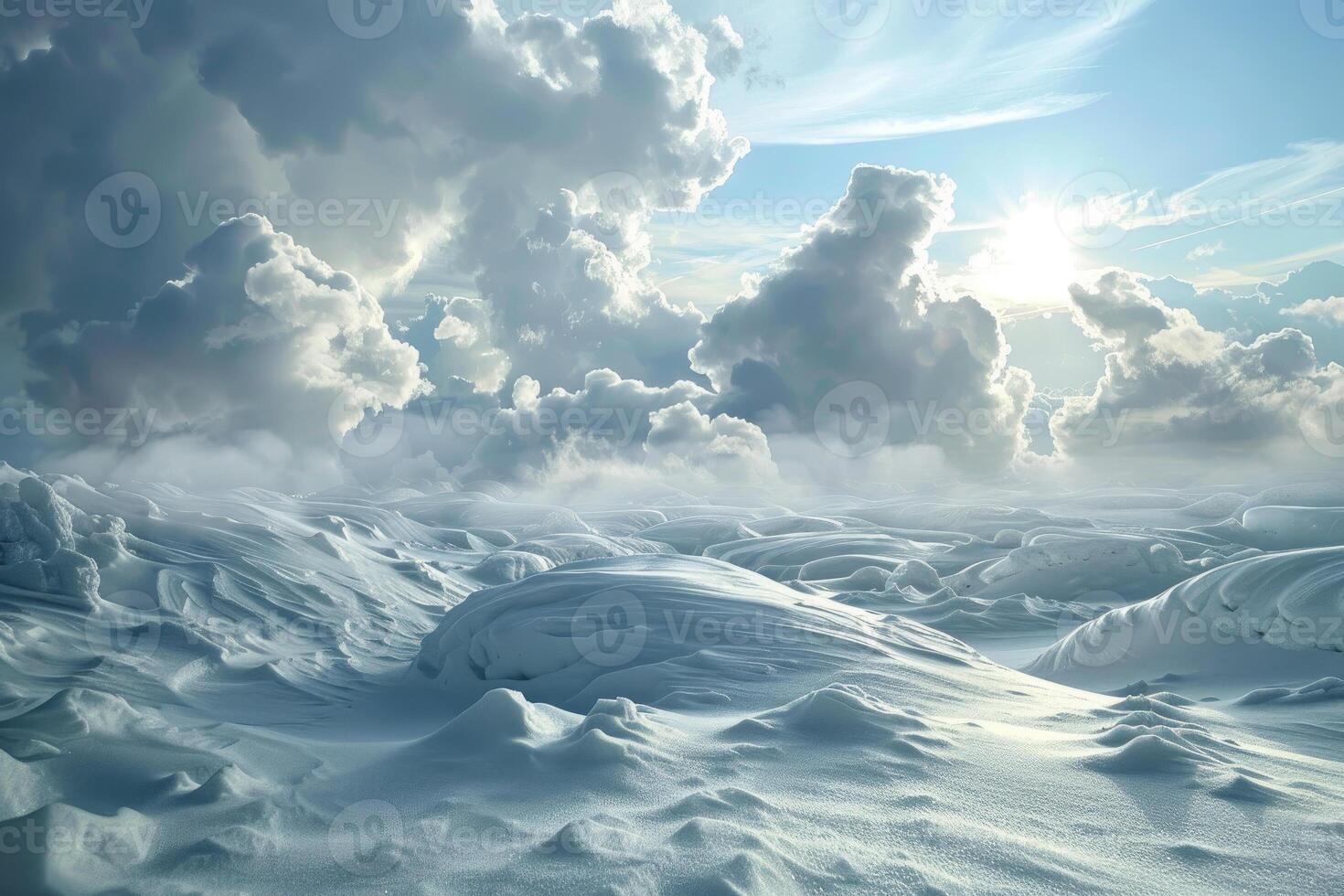 Sunlight shining through dramatic clouds over snowy landscape photo