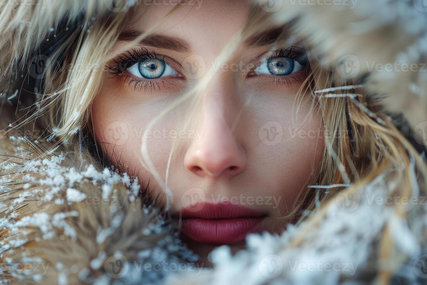 A woman with blue eyes in the snow photo
