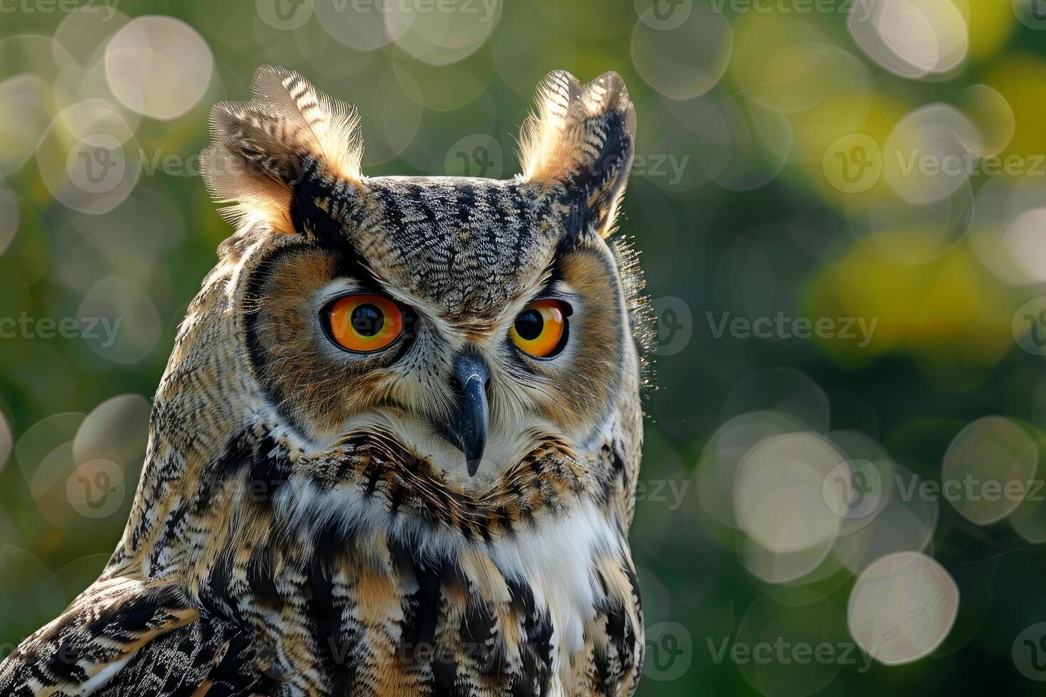 Eurasian eagle owl staring with intense orange eyes and blurred background photo