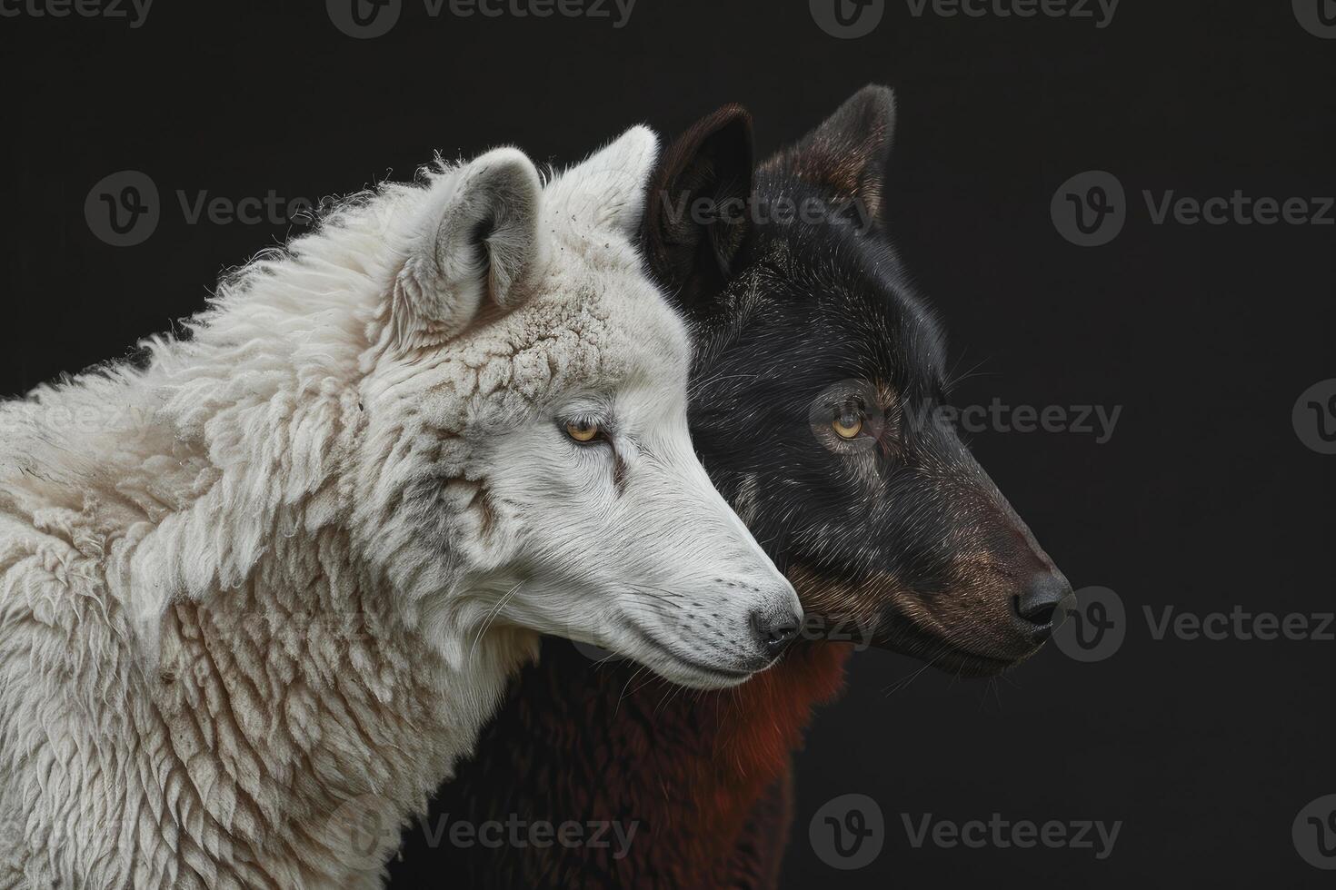 White and black wolves posing together on dark background photo