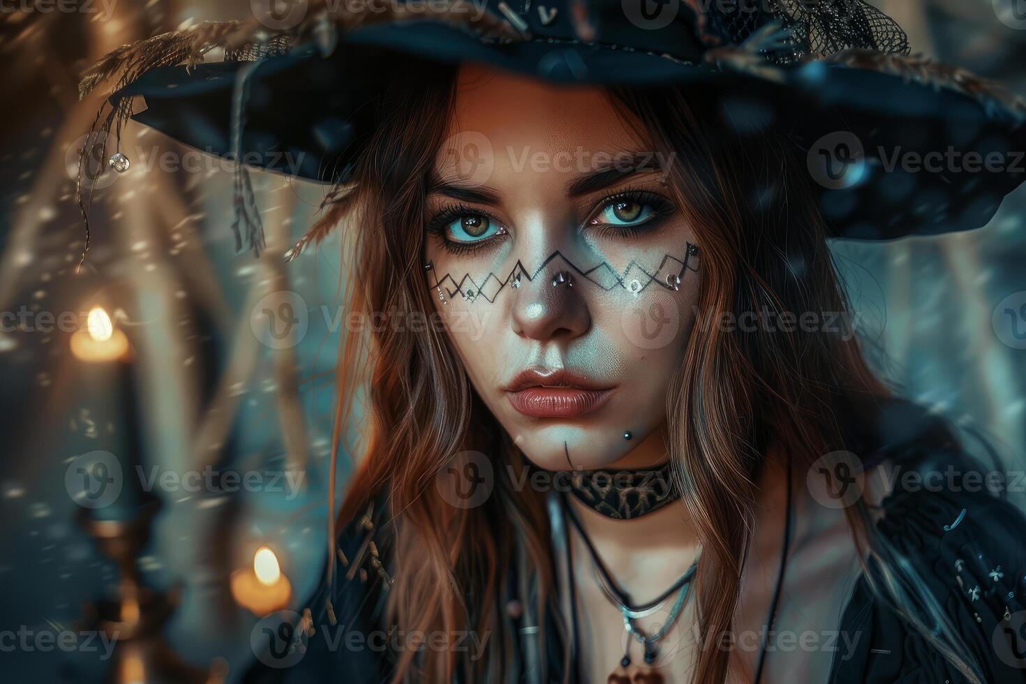 Young witch wearing hat and makeup posing in a spooky atmosphere photo