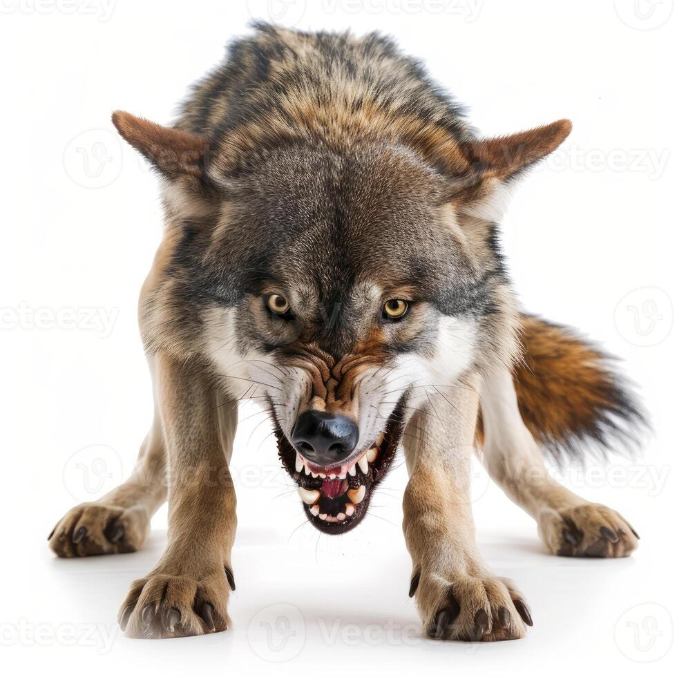 Aggressive eurasian wolf snarling on white background photo