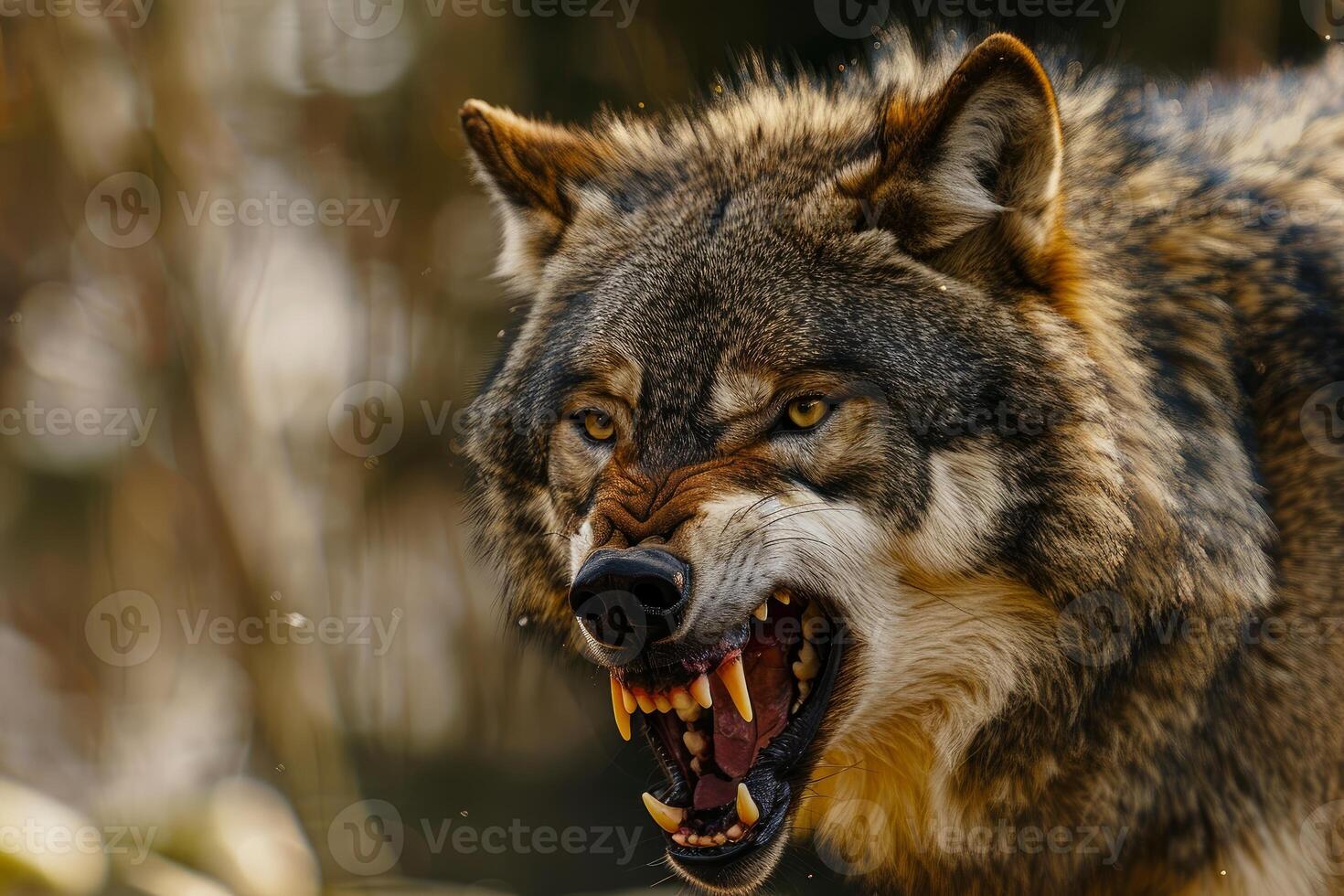 Eurasian wolf showing teeth and snarling in the forest photo