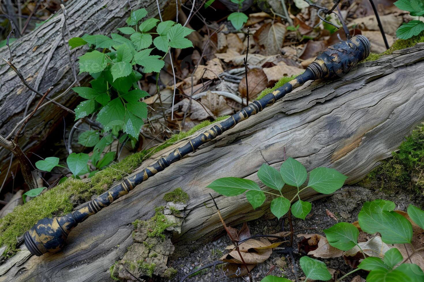 Handcrafted magic wand resting on mossy log in whispering woods photo