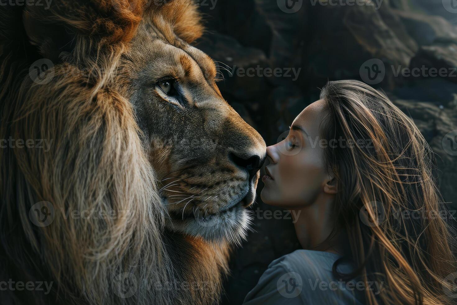 Majestic lion and woman sharing a tender moment of connection photo