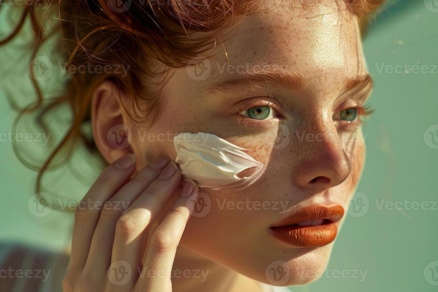 Redhead model applying moisturizing cream on face for skincare routine photo