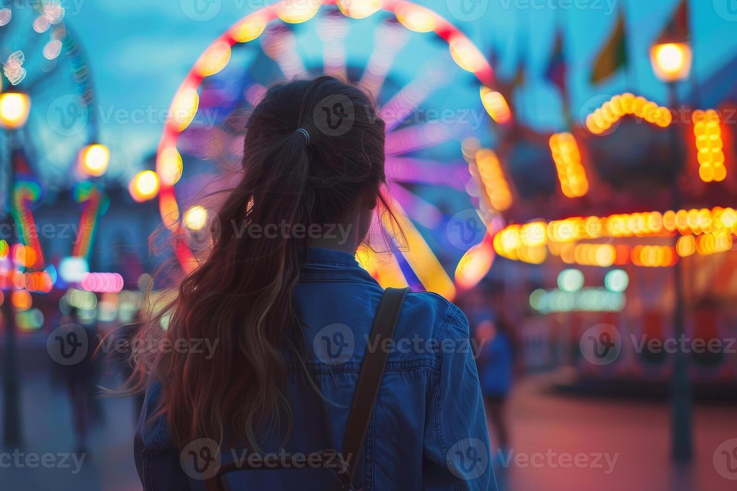 Young woman looking at illuminated ferris wheel at amusement park at dusk photo