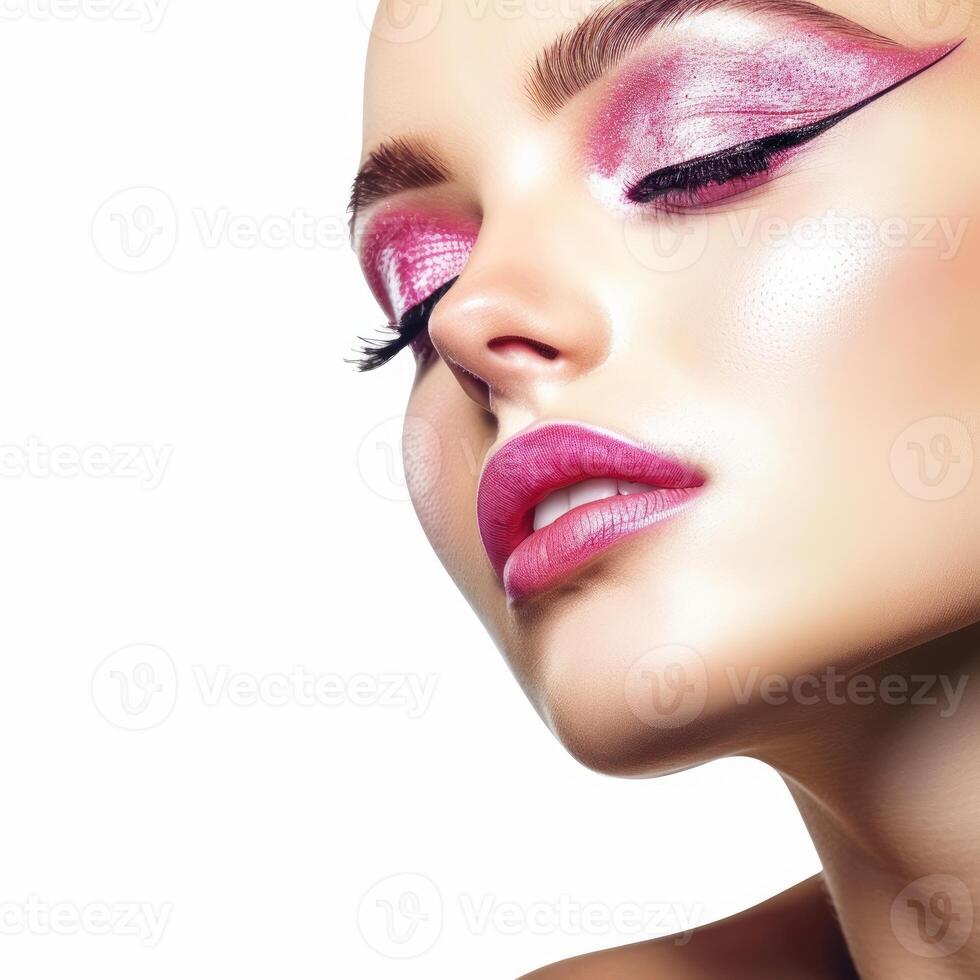 Beautiful woman showing creative pink and silver makeup photo