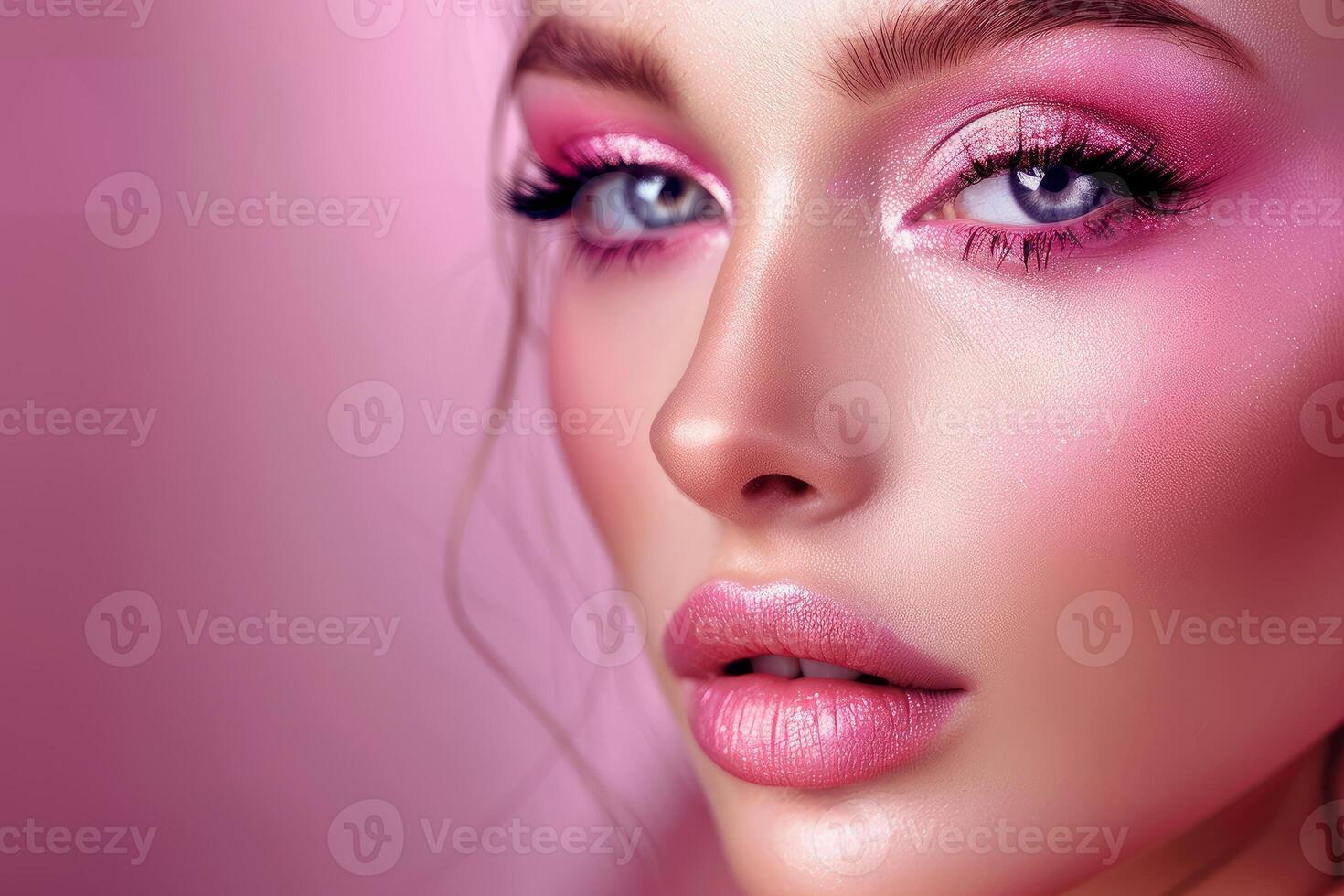 Beautiful woman showing pink makeup on pink background photo