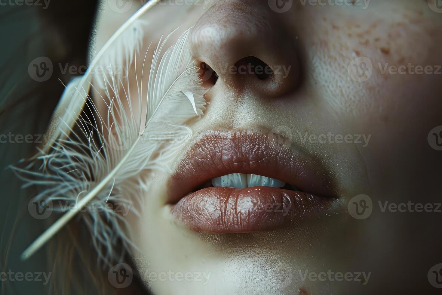 Woman gently touching face with soft white feather photo