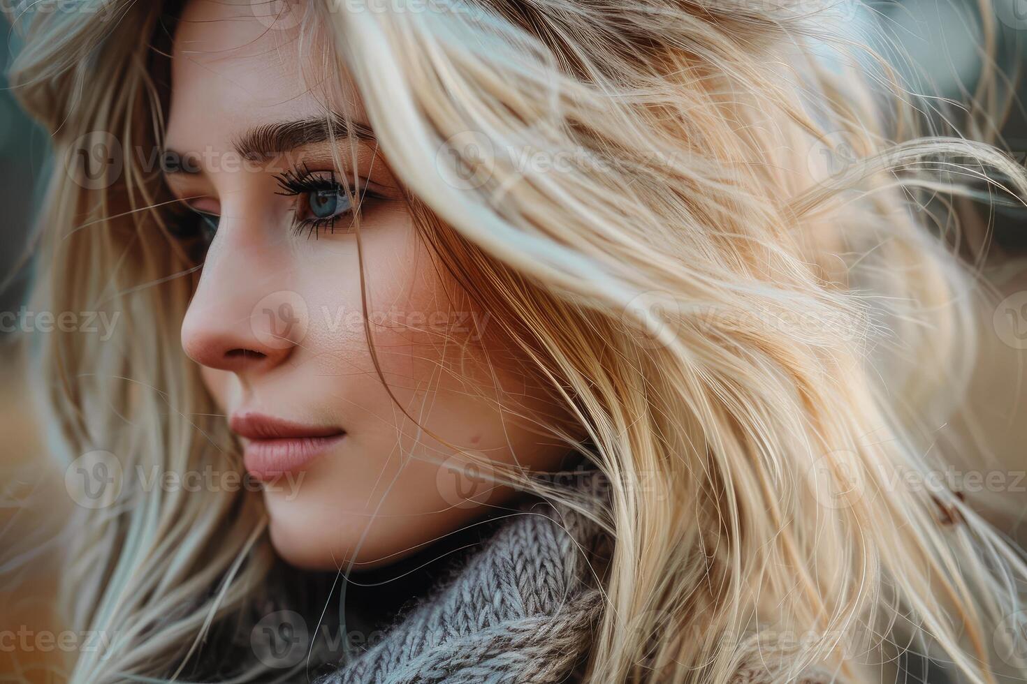 Beautiful blonde woman wearing knit scarf enjoying cool breeze photo