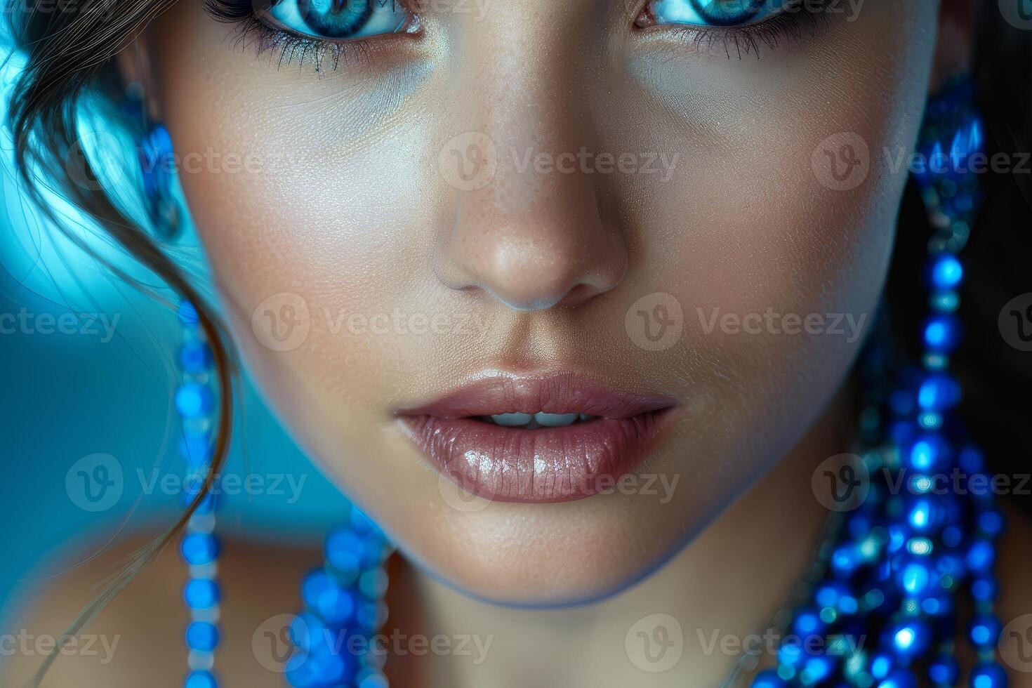 Beautiful woman wearing blue jewelry and showing perfect makeup photo