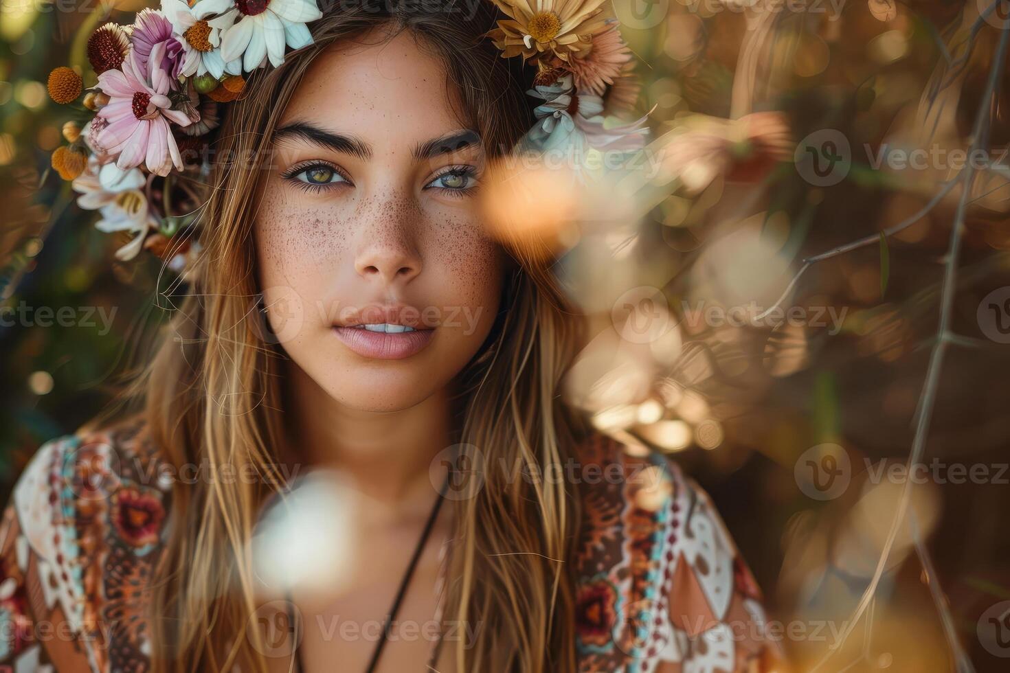 Beautiful hippie woman wearing flower crown posing in nature photo